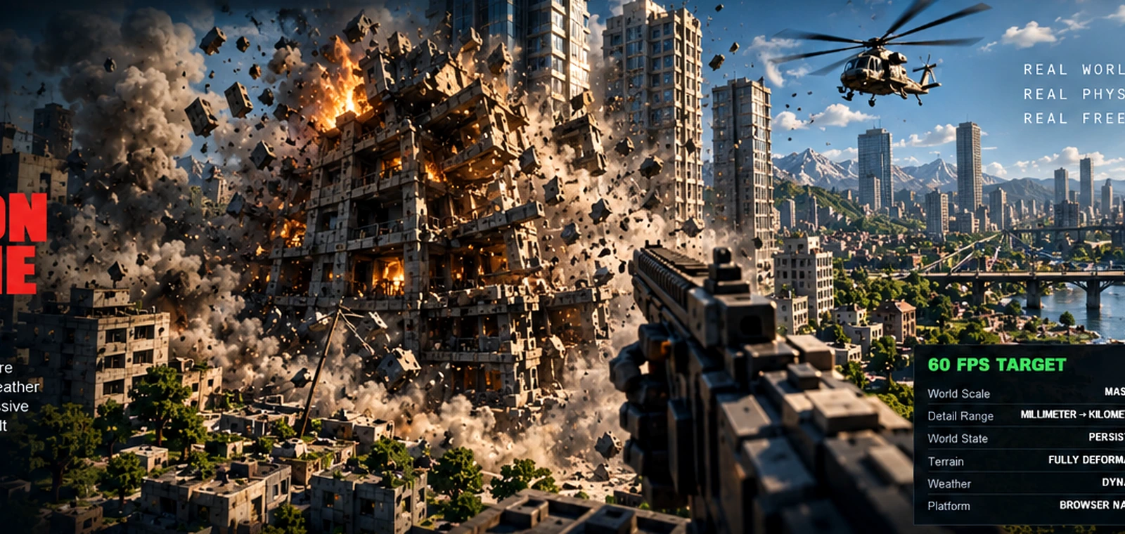 Modern city district undergoing large-scale structural destruction